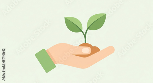 Hand holding small green plant with leaves symbolizing growth and nurturing in a natural environment