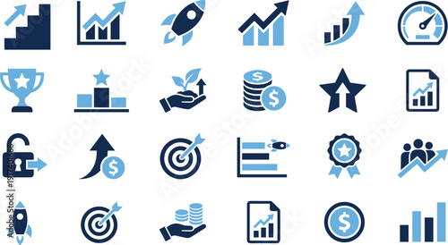 Business Growth, Financial Success, and Achievement Icon Set Featuring Market Performance, Rocket Startup, Investment Return, Target Goals, and Corporate Award Concepts, Vector.