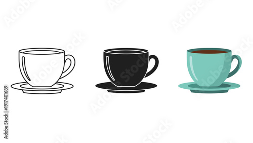 Three coffee cups in different colors on saucers Vector