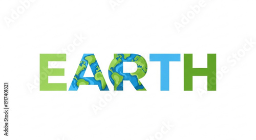 Earth word with globe pattern inside letters environmental concept green blue colors white background eco friendly illustration