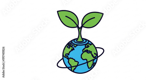 Earth with green leaves growing out of it symbolizing growth and environmental sustainability on a white background