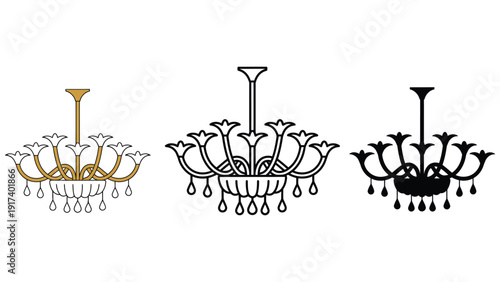 Elegant chandelier designs in gold, outline, and silhouette