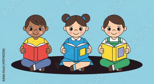 Three diverse children sitting and reading books together on a black mat with a light blue background