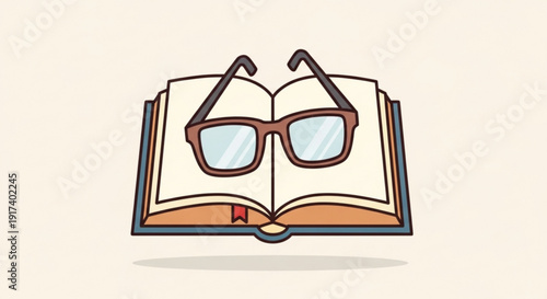 Cartoon illustration of glasses on an open book with orange pages and a beige background symbolizing reading and learning