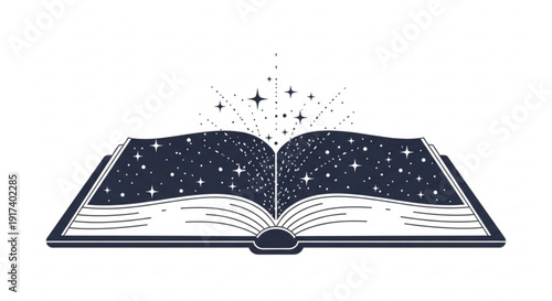 Open book with starry night sky and magic sparks on white background symbolizing knowledge and fantasy