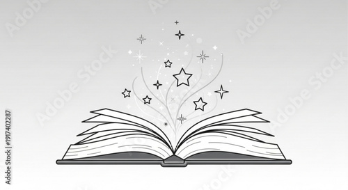 Open book with sparkling stars and magic flying out symbolizing knowledge and imagination in education