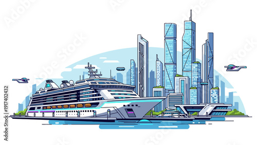 Pixel art cruise ship docked beside a futuristic city with flying vehicles