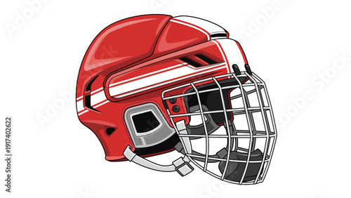 Red and white striped hockey helmet with a white wire cage guard