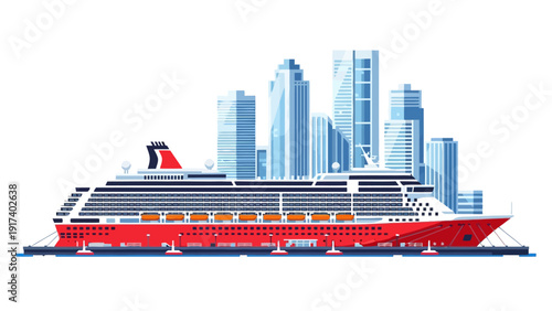 Red cruise ship docked before a modern blue skyscraper cityscape