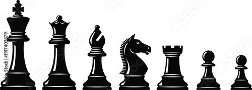 Black chess pieces silhouette set, king queen bishop knight rook pawn isolated on white background strategic game concept