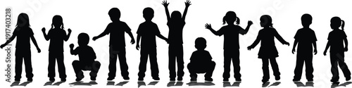 Children silhouette collection, kids standing jumping and playing poses, happy childhood vector illustration isolated on white background
