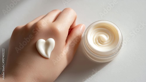 Moisturizing cream texture with heart shape on hand, Skincare essential, Hydration, Soft skin, Dermatology and self care, Skincare routine concept