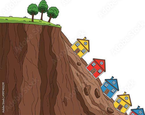 Conceptual vector illustration of colorful small houses sliding down a steep dirt cliff or mountain due to a landslide, erosion, or disaster.
