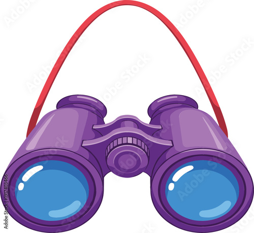 Hand drawn flat vector illustration of purple binoculars with a red strap, isolated on white background for travel, bird watching, and discovery.