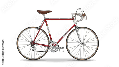 Red vintage road bicycle with drop handlebars and leather saddle on white