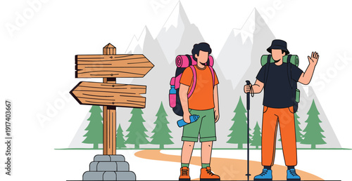 Flat vector illustration of two male hikers with backpacks standing by a wooden signpost on a forest trail with mountains in background.