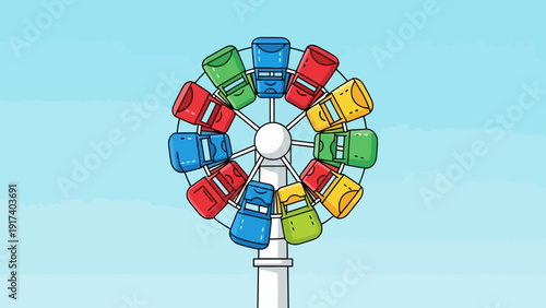 Rotating amusement ride with twelve colorful passenger cars against a light blue sky