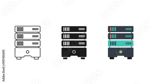 Three server illustrations in different design stages Vector