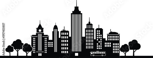 City skyline silhouette with trees and bus, modern urban buildings vector illustration isolated on white background