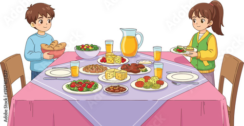 Happy cartoon boy and girl standing at a dining table with healthy food, salad, juice, and bread for a family dinner.