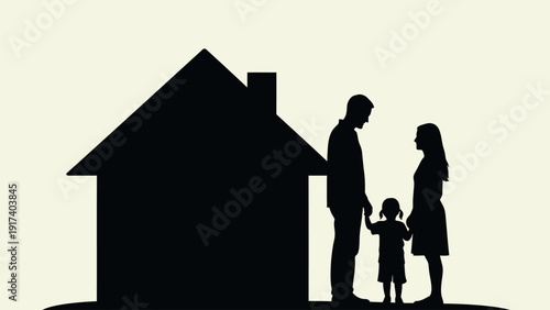 Silhouette of a family of three standing next to a house outline