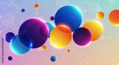 Vibrant glowing spheres with network lines on abstract background