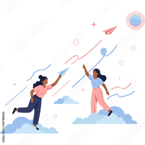 Children flying colorful kites on a bright sky with fluffy clouds Vector