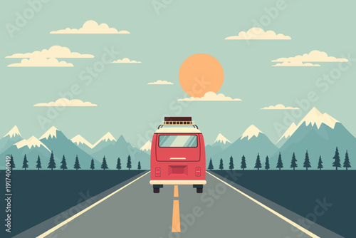 Road trip, family vacation by car on a mountain road. Mountain adventure. A car with luggage drives along a scenic mountain road. Vector illustration.
