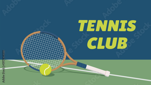 Tennis racket lies next to a ball on a tennis court. Tennis club or tournament poster. Vector image for sports design.