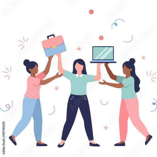 Team celebrating a successful project launch with digital and physical gifts Vector