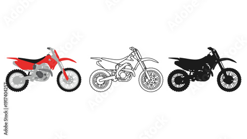 Three diverse dirt bikes displayed in different styles: color, outline, and silhouette.
