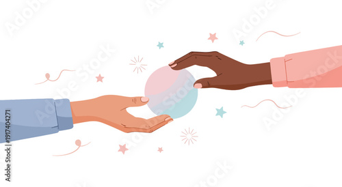 Two hands exchanging a glowing, translucent sphere symbolizing collaboration and sharing ideas. Vector