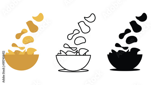 Crispy potato chips falling into a bowl, presented in three styles: full color, outline, and silhouette.