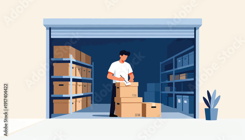Man in warehouse checks inventory of stacked cardboard boxes