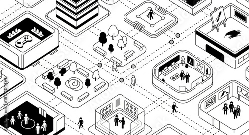 Isometric illustration of a futuristic city with interconnected buildings and people.