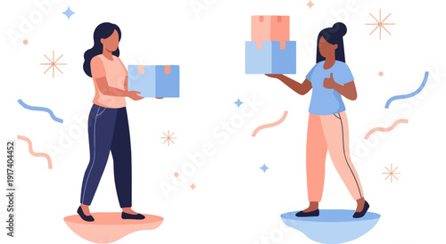 Two professionals collaborating and sharing digital documents in a virtual workspace Vector