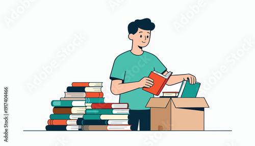 A person sorts through stacks of books, placing some into a cardboard box