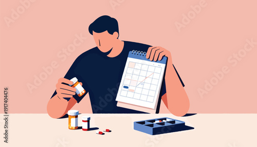Person plans medication intake using a calendar and pill organizer