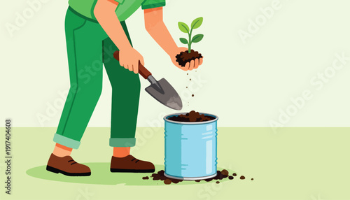 Person planting a seedling in a blue tin can with a small shovel