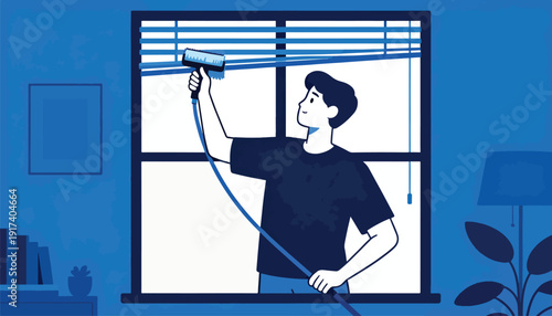 Person cleaning window blinds with a brush on a pole indoors