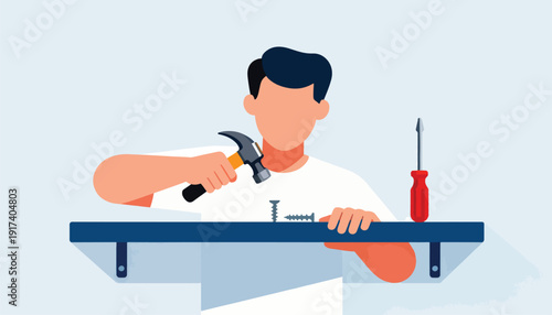 Person working on a shelf with hammer and screws