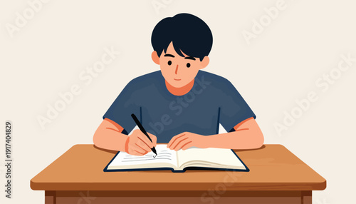 Young person concentrating intently while writing in an open book