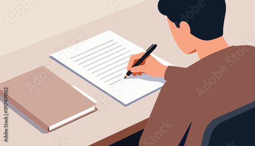 Person writing on paper at desk with book
