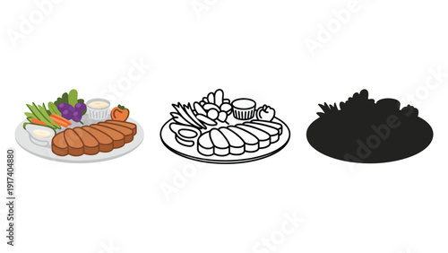 Delicious steak dinner with fresh vegetables and dipping sauce, isolated on white background.