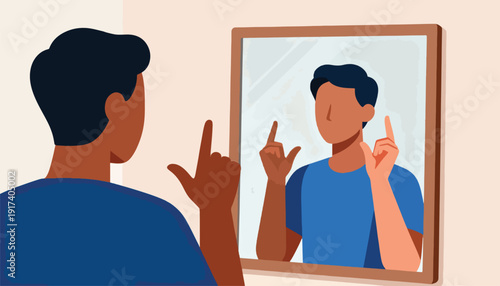 Person looking in mirror, pointing at reflection