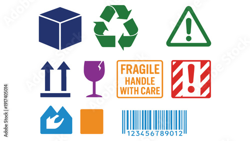 Shipping label icons set including fragile handle with care symbols