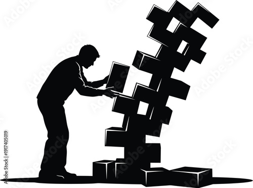 A human figure carefully stacking uneven blocks to form a tower, representing a beginner learning to build, a clean white background