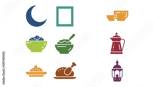 Ramadan icons including crescent moon, food dishes, and a lantern for celebratory meals.