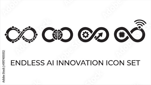 Endless AI innovation icon set showing infinity loops with data, brain, gears, chip
