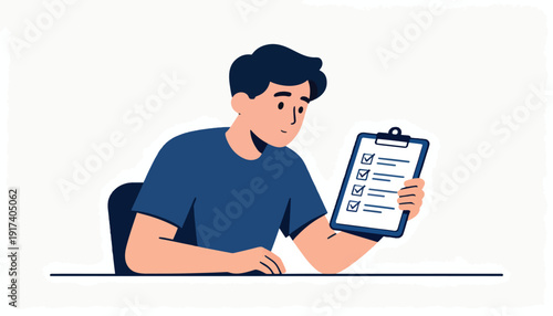Man in blue shirt holds clipboard with completed checklist